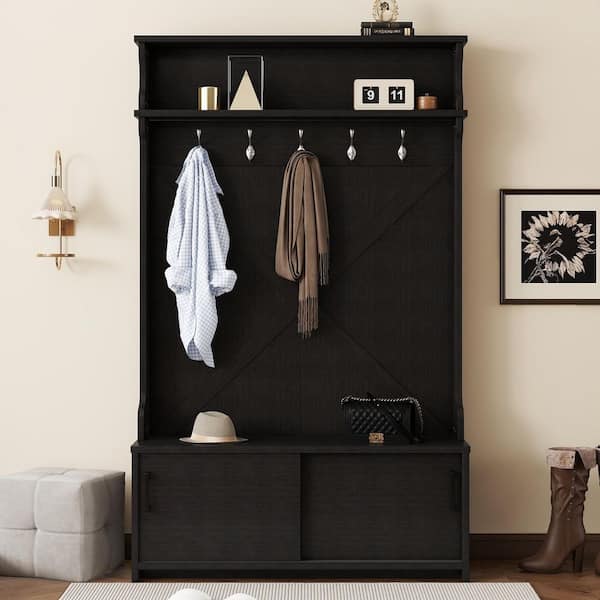 47 in. W x 16 in. D x 75 in. H Black Linen Cabinet, Hall Tree with Top Shelf and Storage Bench, Hallway Shoe Cabinet
