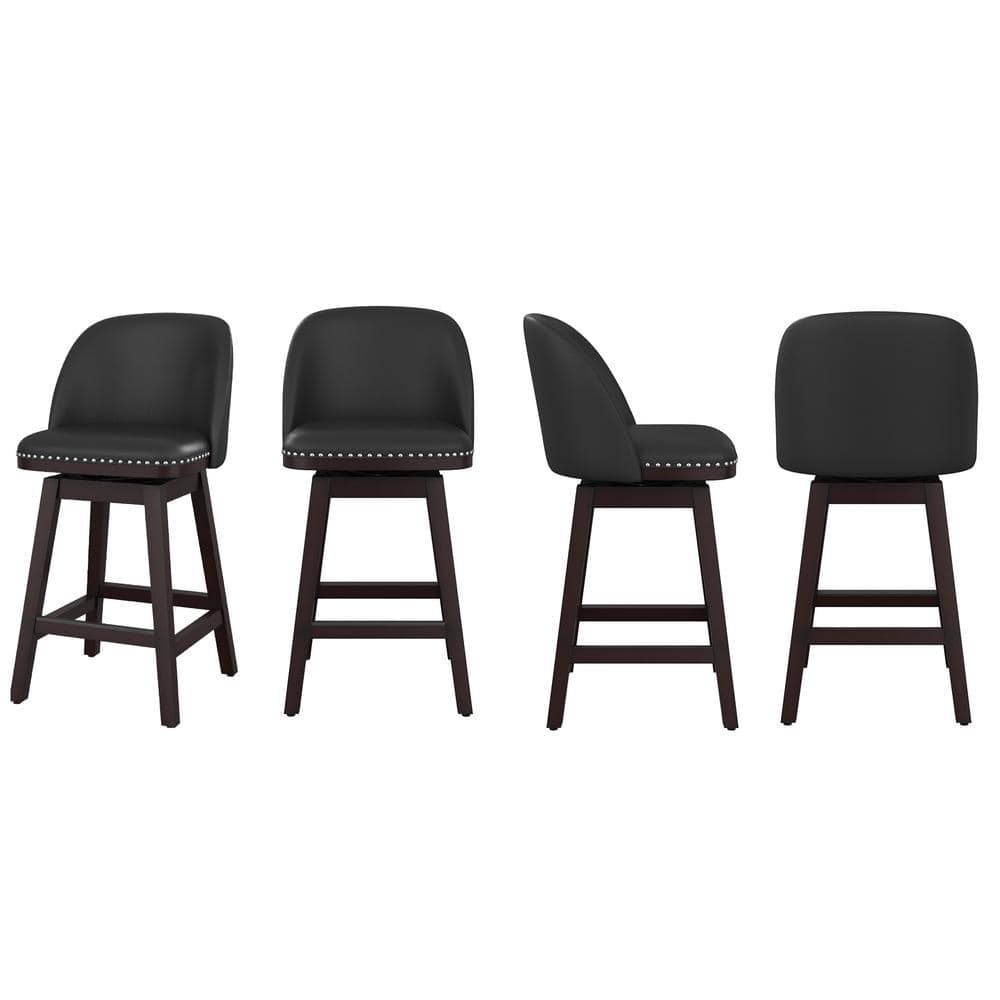 26" Black Faux Leather Swivel Counter Stools with Dark Wood Legs, Set of 3