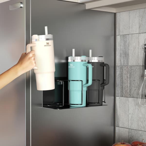 Stanley Cup Holder for 3 Cups, Adjustable Mount with Adhesive Tape or Screws, 1-Shelf Black Magnetic Pantry Organizer