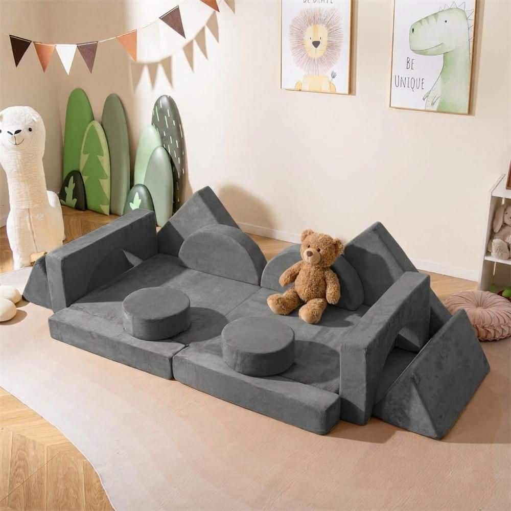 14-Piece Gray Microsuede Modular Kids Play Couch Child Sectional Sofa Toddler Soft Playset