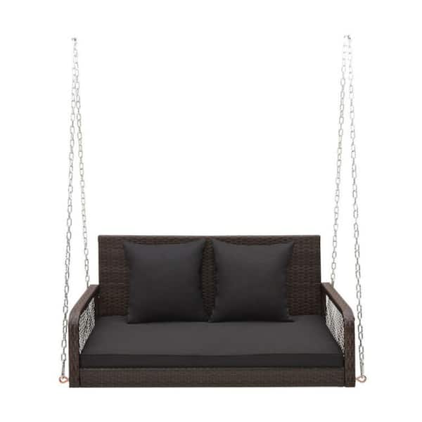 Sudzendf 2-Person Outdoor Wicker Porch Swing with Black Seat and Back Cushions