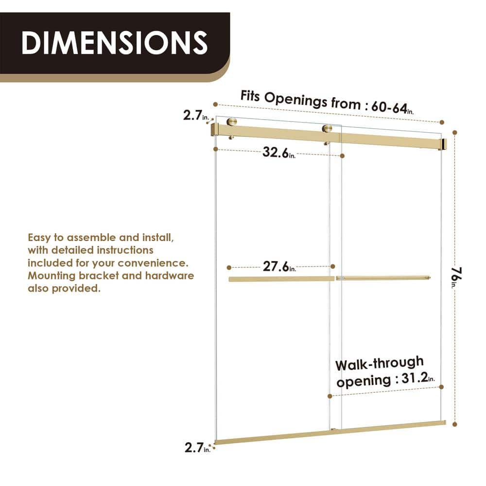 64" Gold Frameless Bypass Shower Door with Clear Glass