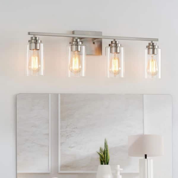 KAWOTI 30 in. 4-Light Brushed Nickel Vanity Light with Clear Glass Shade