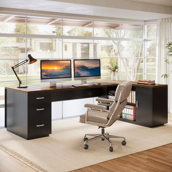 BYBLIGHT Capen 85.8 in. Brown and Black L-Shaped Executive Desk