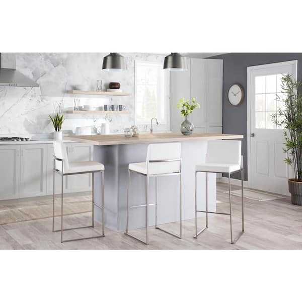 LumiSource Fuji High Back 31 in. White Velvet and Stainless Steel Metal Bar Stool (Set of 3)