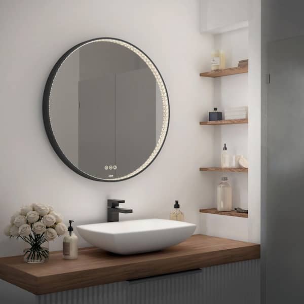 Romy 28 in. W x 28 in. H 3CCT Round Wall Bathroom Anti-Fog Vanity Mirror with Black Frame