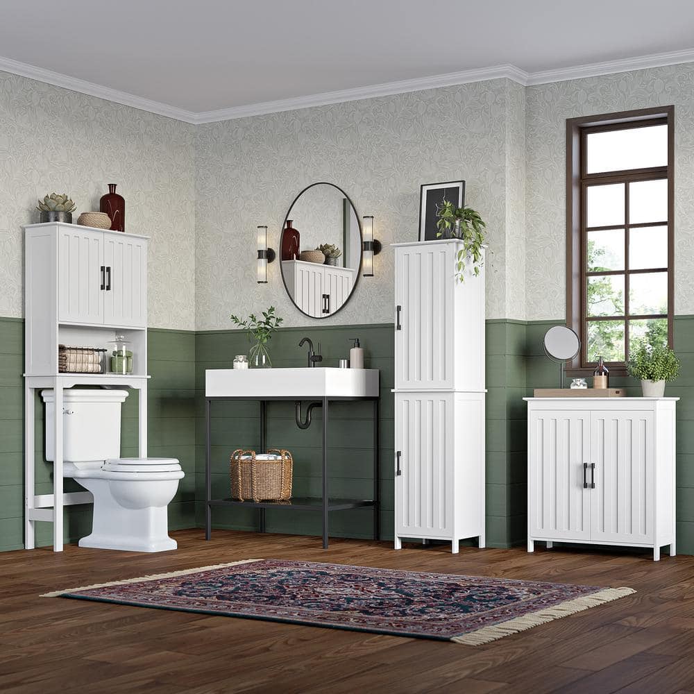White MDF Storage Cabinet with Adjustable Shelves and Black Handles