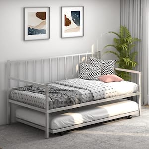 Silver Twin Metal Daybed with Roll Out Trundle Heavy Duty Frame Sofa Bed Set