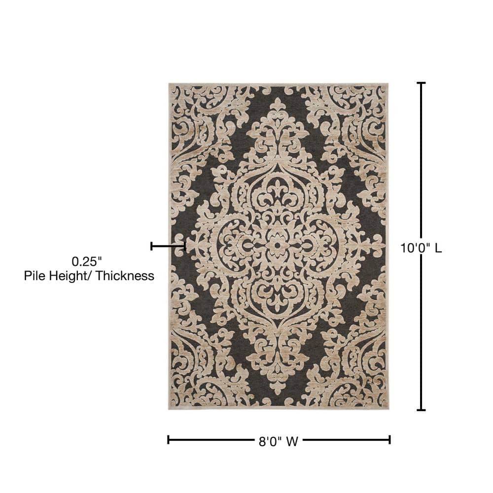 8' x 10' Black Floral Wool and Viscose Rug