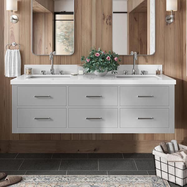 ARIEL Hutton 61 in. W x 22 in. D x 19.6 in. H Bath Vanity in Grey with Pure White Quartz Top