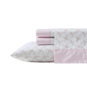 Laura Ashley Floral Toile 4-Piece Pink Cotton Queen Sheet Set