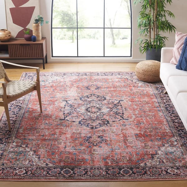 Serapi Rust/Navy 7 ft. x 7 ft. Machine Washable Border Ornate Square Area Rug
