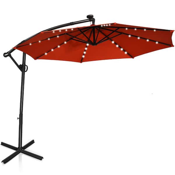 WELLFOR 10 ft. Aluminum Cantilever Solar Tilt Patio Umbrella in Orange with LED Lights and Stand