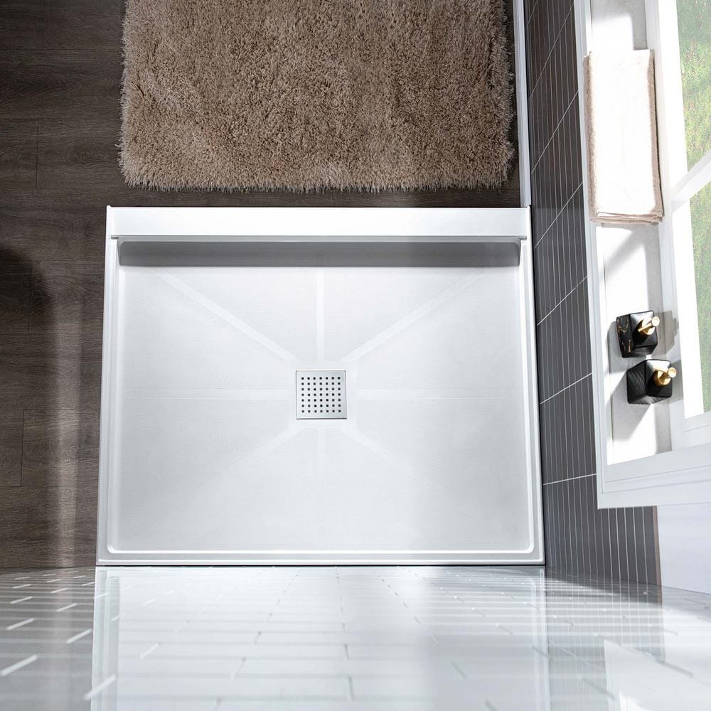 36" White Rectangular Shower Pan Base with Polished Chrome Drain Cover