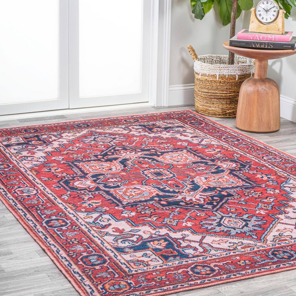 Cirali Medallion Red/Navy 4' x 6' Washable Synthetic Area Rug