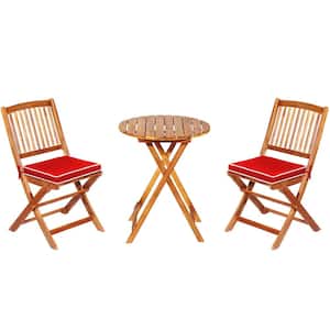3-Piece Wood Folding Outdoor Bistro Set with Red Cushions and Round Coffee Table