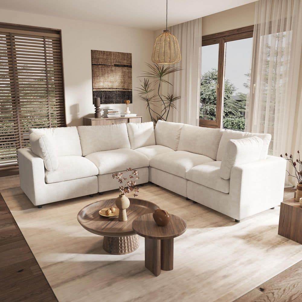 J&E Home 100.5 in. Square Arm Chenille 5 Piece Modular Free