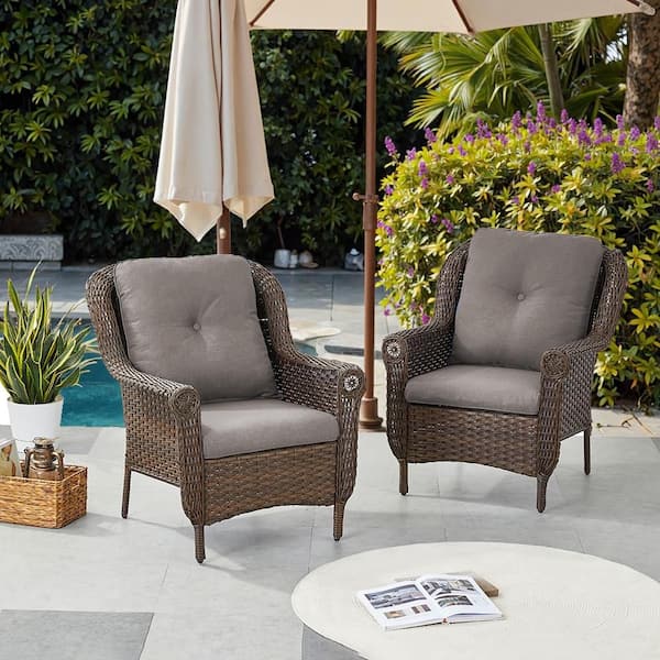 Chrysanthemum Armrest Series 2-Pack Outdoor Brown Wicker Outdoor Lounge Chair with CushionGuard Gray Cushions
