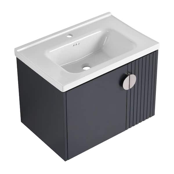 Yunus 27 in. W x 18 in. D x 20 in. H Single Sink Floating Bath Vanity in Black with White Ceramic Top