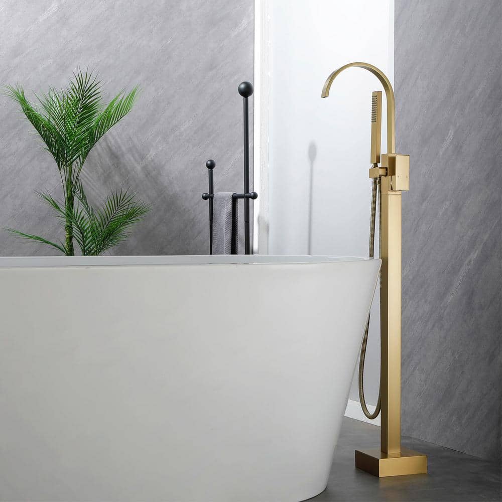 Brushed Gold Brass Waterfall Floor Mount Freestanding Tub Faucet