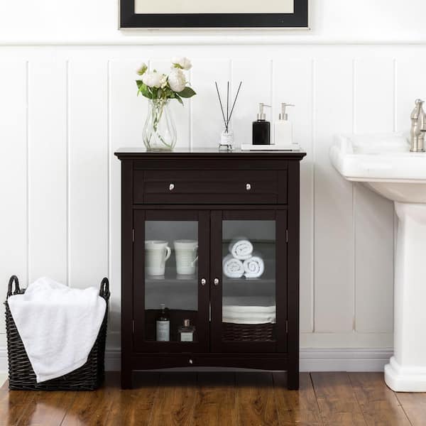Glitzhome 26 in. W x 12.4 in. D x 32.11 in. H Freestanding Shelved Floor Cabinet with Double Doors in Espresso