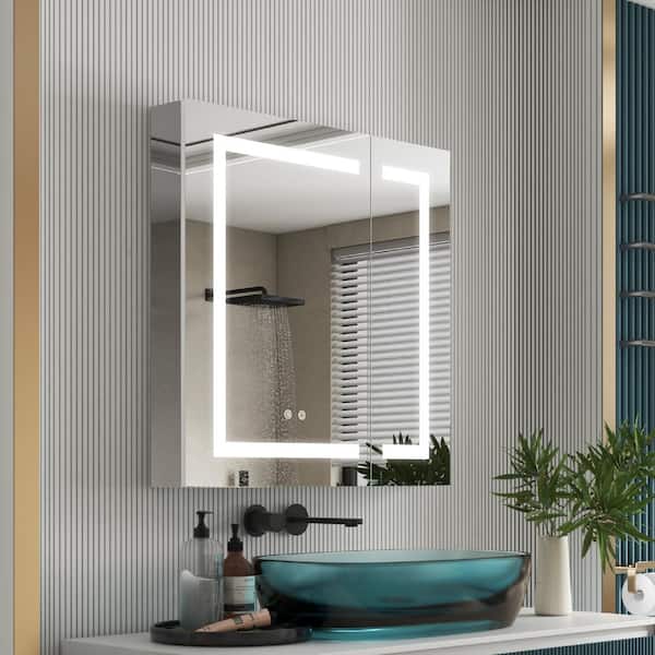 30 in. W x 30 in. H Rectangular Silver Recessed/Surface Mount LED Medicine Cabinet with Mirror Defogger,Double Doors