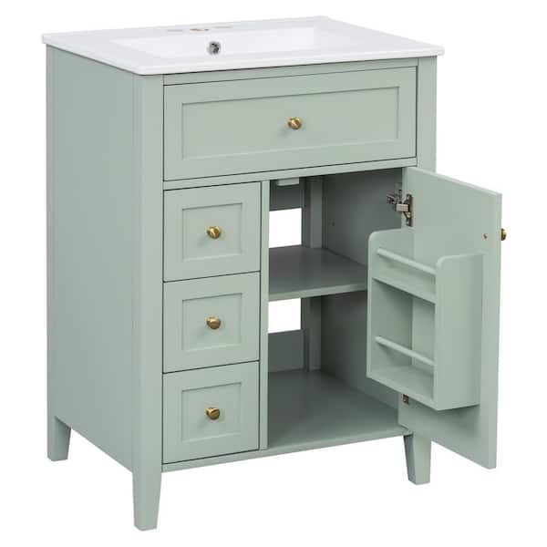 24 in. W Single Sink Freestanding Green Bath Vanity with White Ceramic Top and Drawers, Unassembled