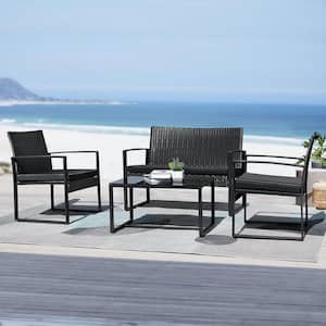 4-Pieces Wicker Patio Conversation Sets PE Rattan Chairs with Black Table