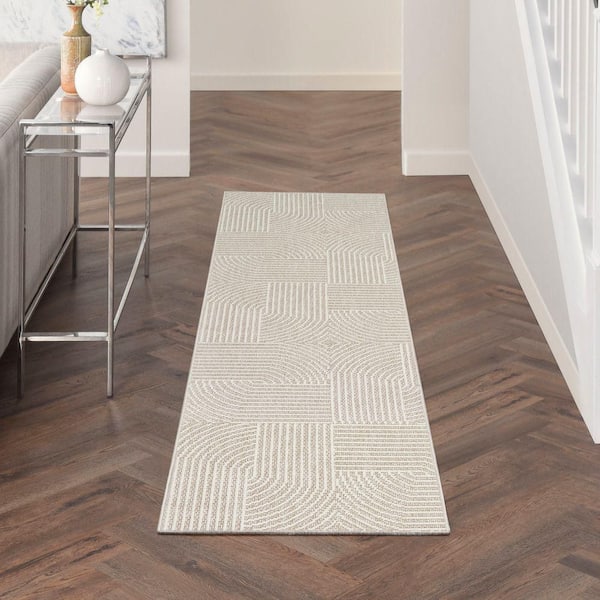 Textured Home Beige Ivory 2 ft. x 8 ft. Geometric Contemporary Runner Area Rug