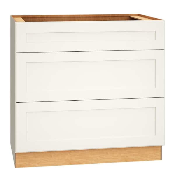 QuickShip Cottage 36 in. W x 24 in. D x 34.5 in. H Assembled Plywood Shaker 3-Drawer Base Kitchen Cabinet in White