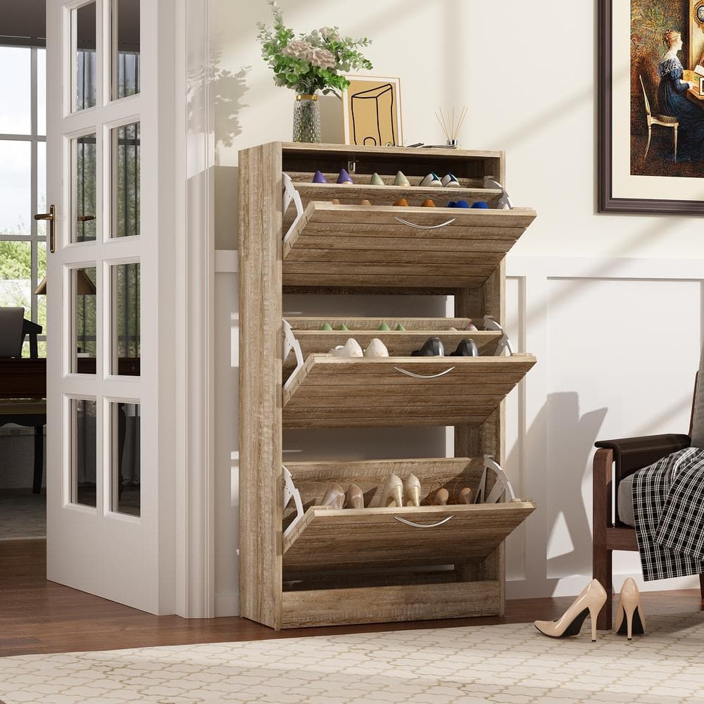Brown Wood Grain 3-Tier Shoe Storage Rack with Metal Handles