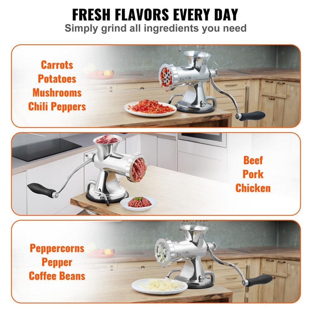 VEVOR Stainless Steel Manual Meat Grinder with Suction Cup and Table Clamp