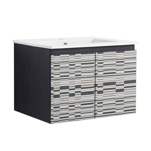 24 in. W x 18.3 in. D x 17.3 in. H Single Sink Wall Mounted Bath Vanity in Piano Pattern with White Ceramic Top