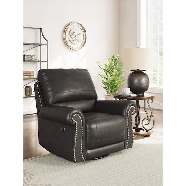 Chatterton Black Faux Leather Swivel Glider Rocker Recliner with Nailhead Trim