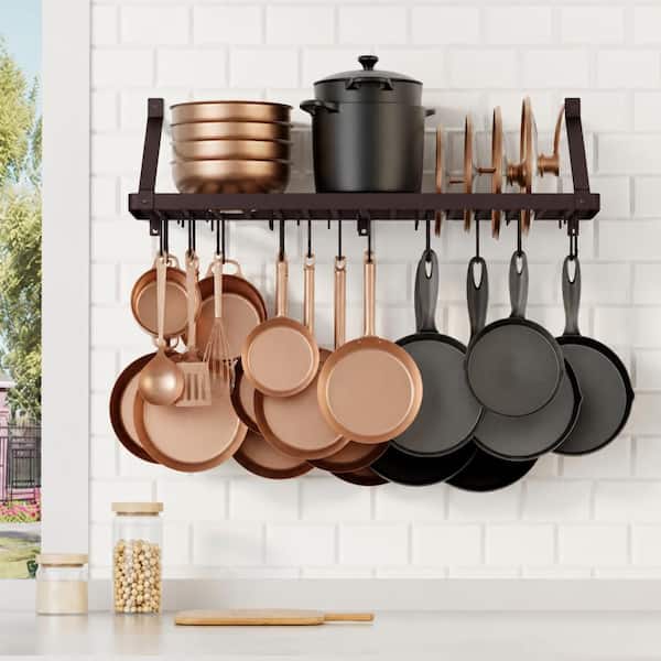 Oiled Bronze 34 in. Wall Mounted Pot Rack with 20 Hooks, Pot Lid Organizer and 75 lb. Capacity