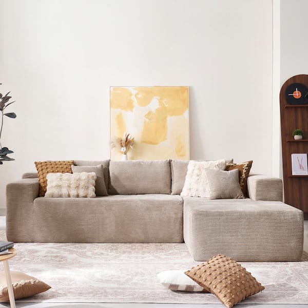Allwex Verve 106 in. Wide Square Arm 2-Piece Modern Corduroy Fabric L-Shape Modular Sectional Sofa in Camel with Right Chaise