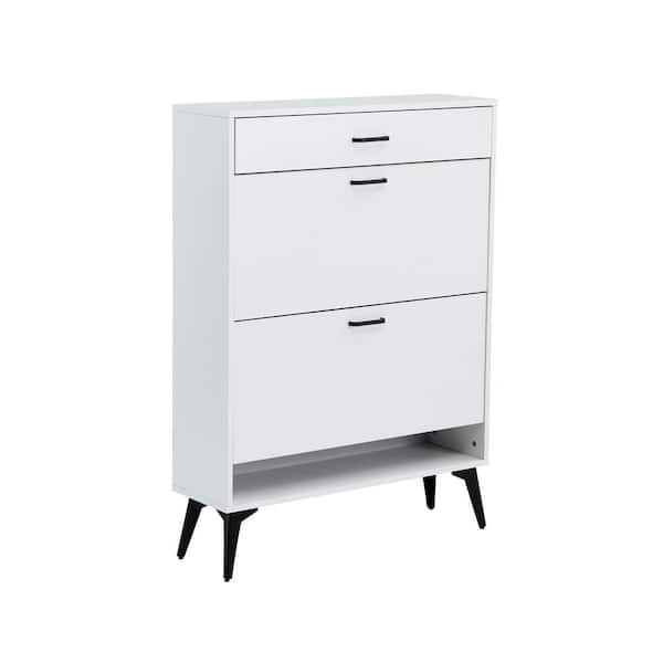 Wooden Shoe Cabinet for Entryway, White Shoe Storage Cabinet with 2 Flip Doors 20.94x9.45x43.11 inch