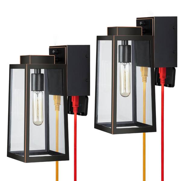 HKMGT 14 in. Black Dusk to Dawn Outdoor Hardwired Wall Lantern Sconce with No Bulbs Included and 2 Built-In GFCI Outlets