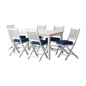 Miramar White 7-Piece Wood Outdoor Dining Set with Navy Blue Cushions