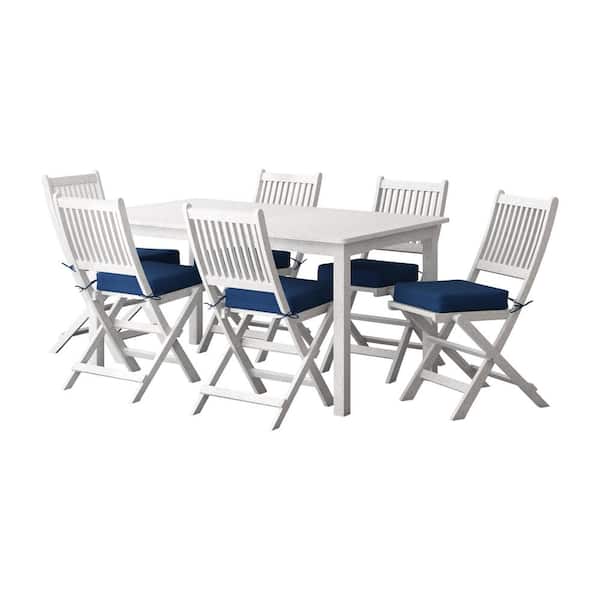 CorLiving Miramar White 7-Piece Wood Outdoor Dining Set with Navy Blue Cushions