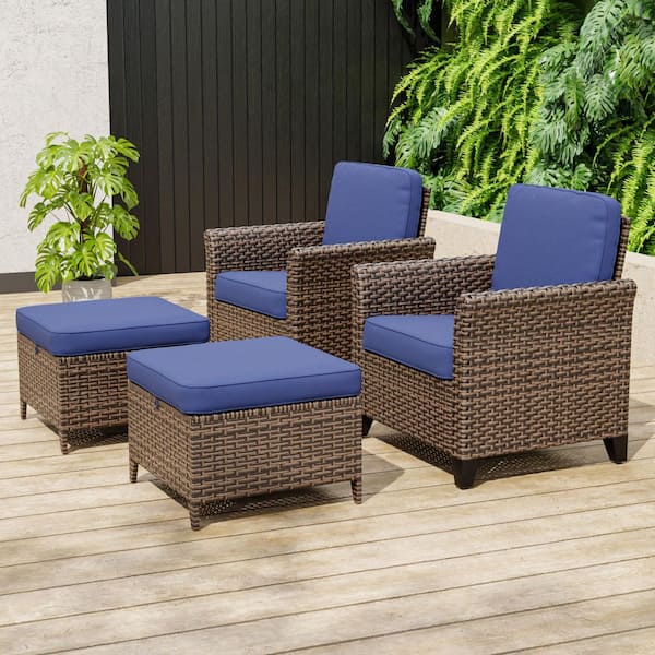 Brown Rattan Wicker 4-piece Outdoor Patio Conversation Set with Cushions, Patio Chairs with Ottomans
