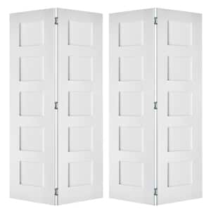 72 in. x 80 in. Shaker 5-Panel Solid Core Primed MDF Wood Interior Bifold Double Door with Hardware