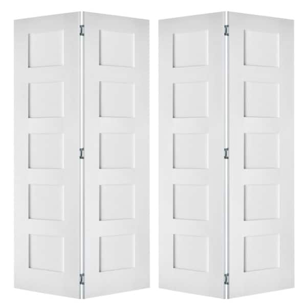 72 in. x 80 in. Shaker 5-Panel Solid Core Primed MDF Wood Interior Bifold Double Door with Hardware