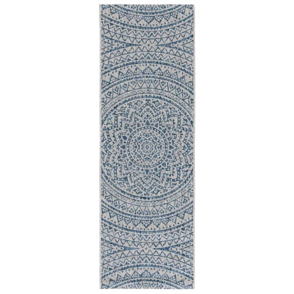 Courtyard Light Gray/Blue 2 ft. x 5 ft. Medallion Indoor/Outdoor Runner Rug