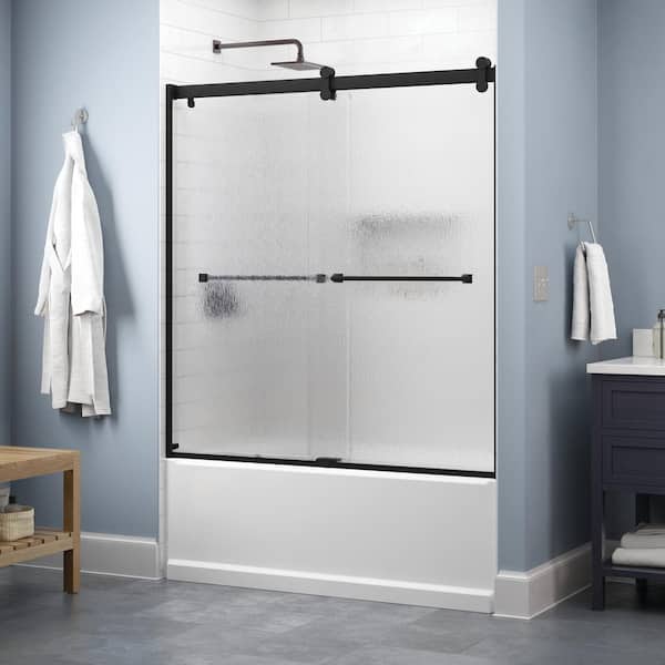 Delta Lyndall Contemporary 50-1/8 to 58-1/2 in. W x 58-3/4 in. H Frameless Sliding Tub Door, Matte Black, Rain Glass