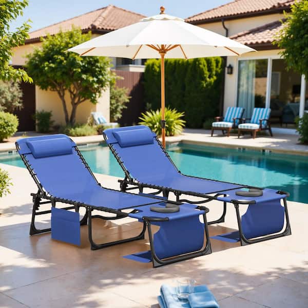 2-Pieces Metal Folding Outdoor Chaise Lounge with Face Hole, 5-Position Reclining Portable Patio Chair, Blue