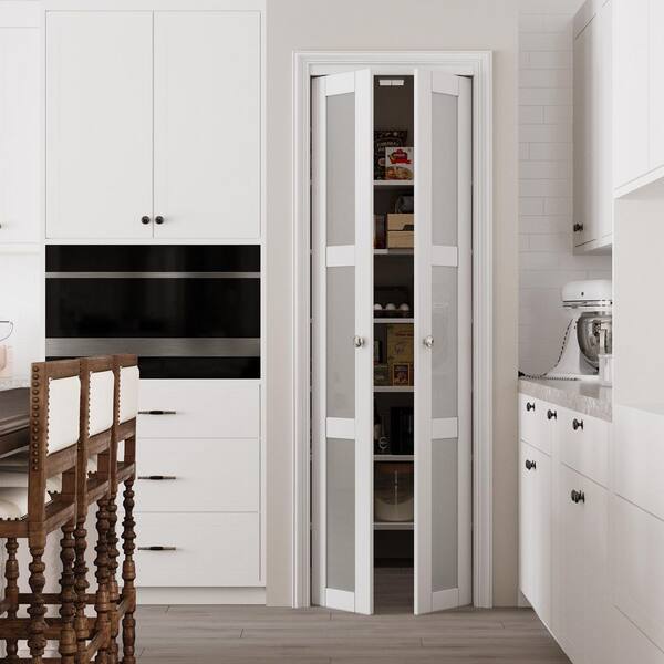 28 in. x 80 in. 3-Lite Tempered Frosted Glass Solid Core White Finished Glass Pivot Bifold Door with 2-Types of Hardware