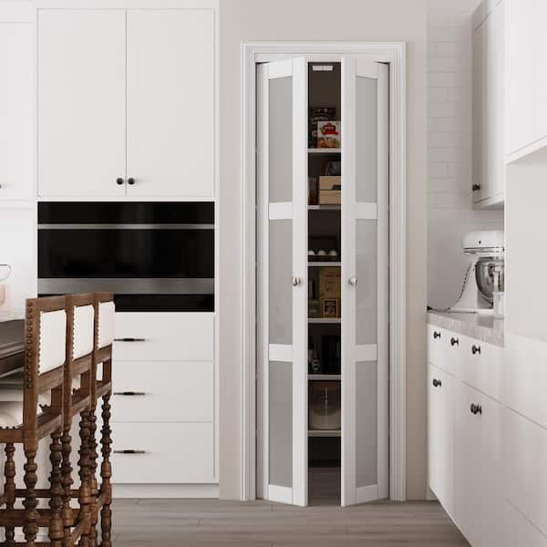 24 in. x 96 in. 3-Lite Tempered Frosted Glass Solid Core White Finished Glass Pivot Bifold Door with 2-Types of Hardware