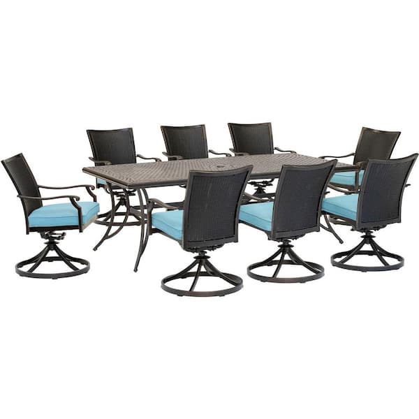 Hanover Traditions 9-Piece Wicker Outdoor Dining Set with Blue Cushions