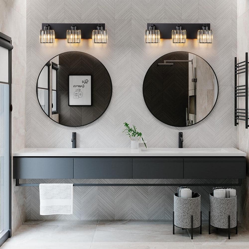 Black Metal 3-Light Vanity Fixture with Crystal Cube Shades
